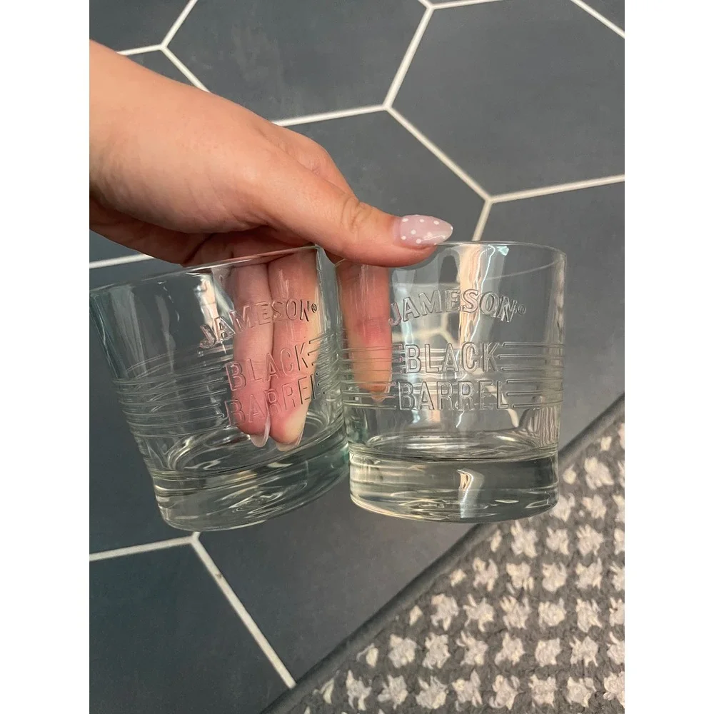 Jameson Black Barrel Whiskey Glasses Set of 2 Embossed Rocks Glass Lowball 3.5in
